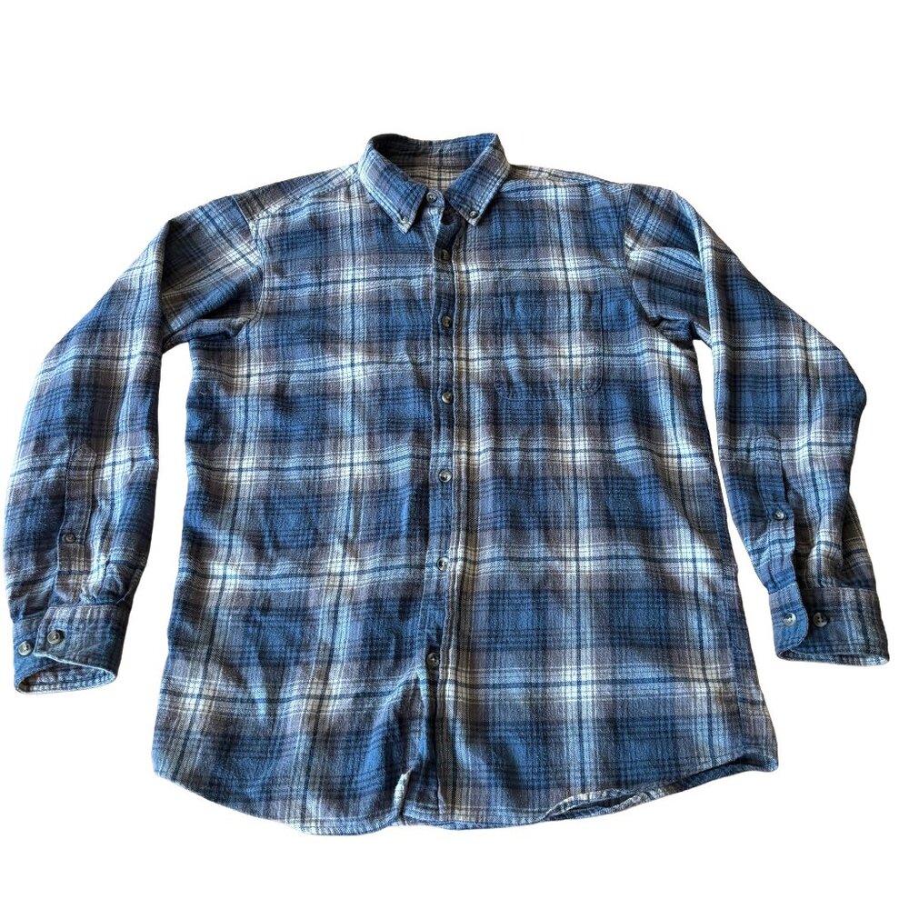 Vintage Cotton Blue White Grey Plaid Flannel Collared Long Sleeve Button Up Top